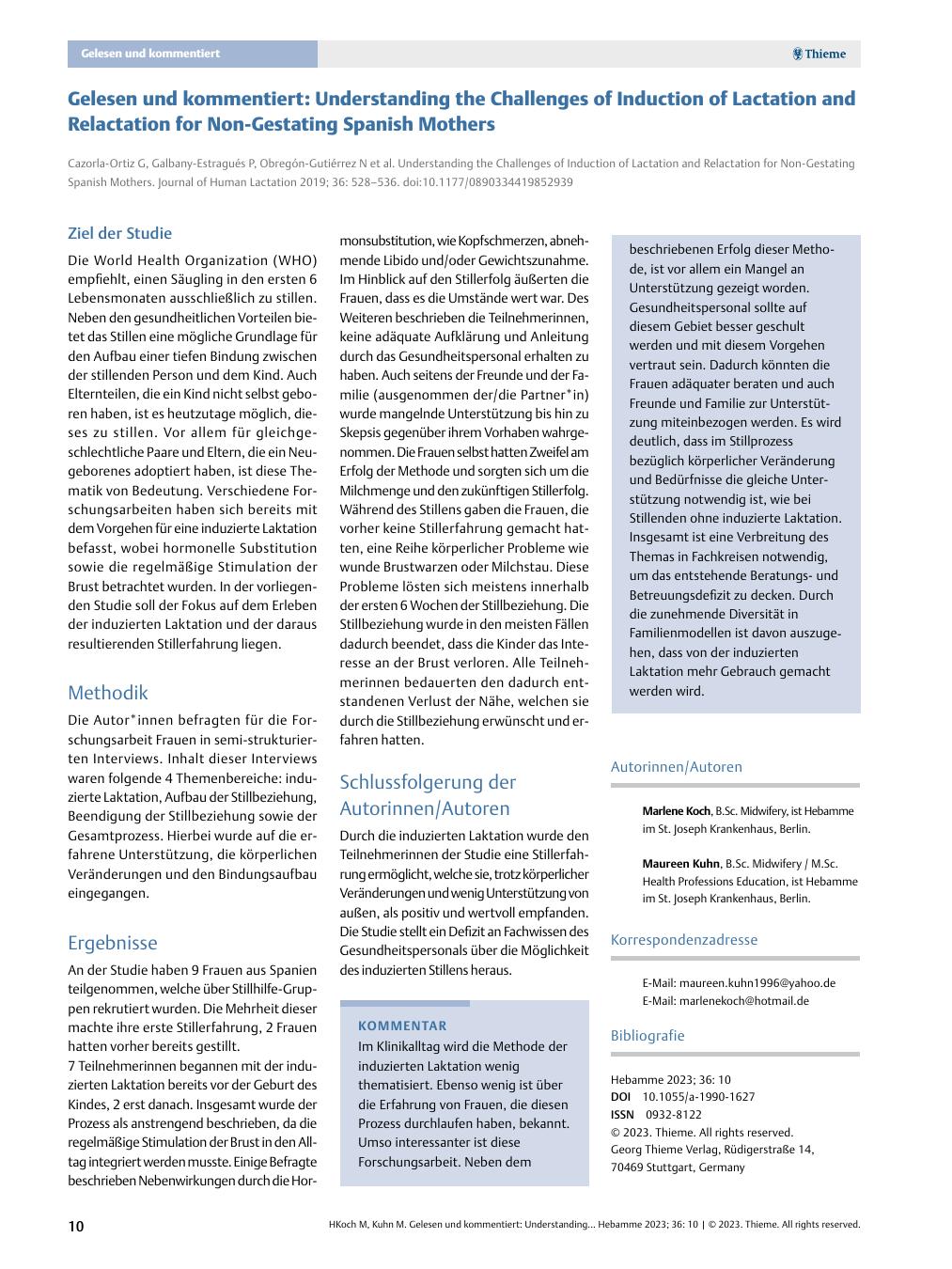 Vorschauseite 1: Gelesen und kommentiert: Understanding the Challenges of Induction of Lactation and Relactation for Non-Gestating Spanish Mothers