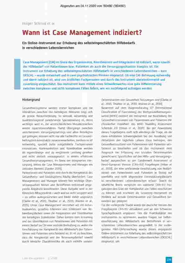 Vorschauseite 1: Wann ist Case Management indiziert? Ein Online-Instrument zur Erhebung des selbst eingeschätzten Hilfebedarfs in verschiedenen Lebensbereichen.