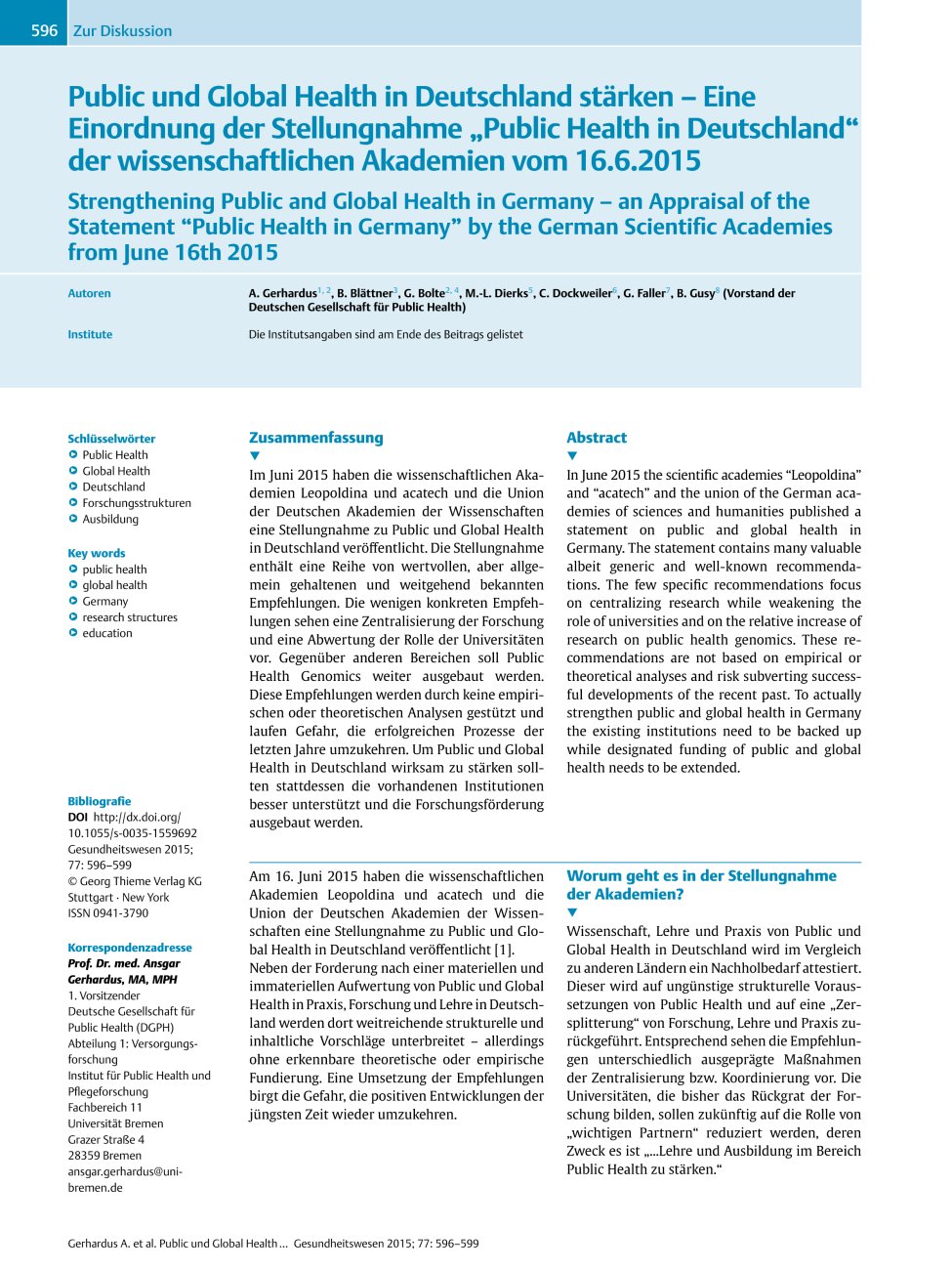 Vorschauseite 1: Public und Global Health in Deutschland stärken ? Eine Einordnung der Stellungnahme ?Public Health in Deutschland? der wissenschaftlichen Akademien vom 16.6.2015