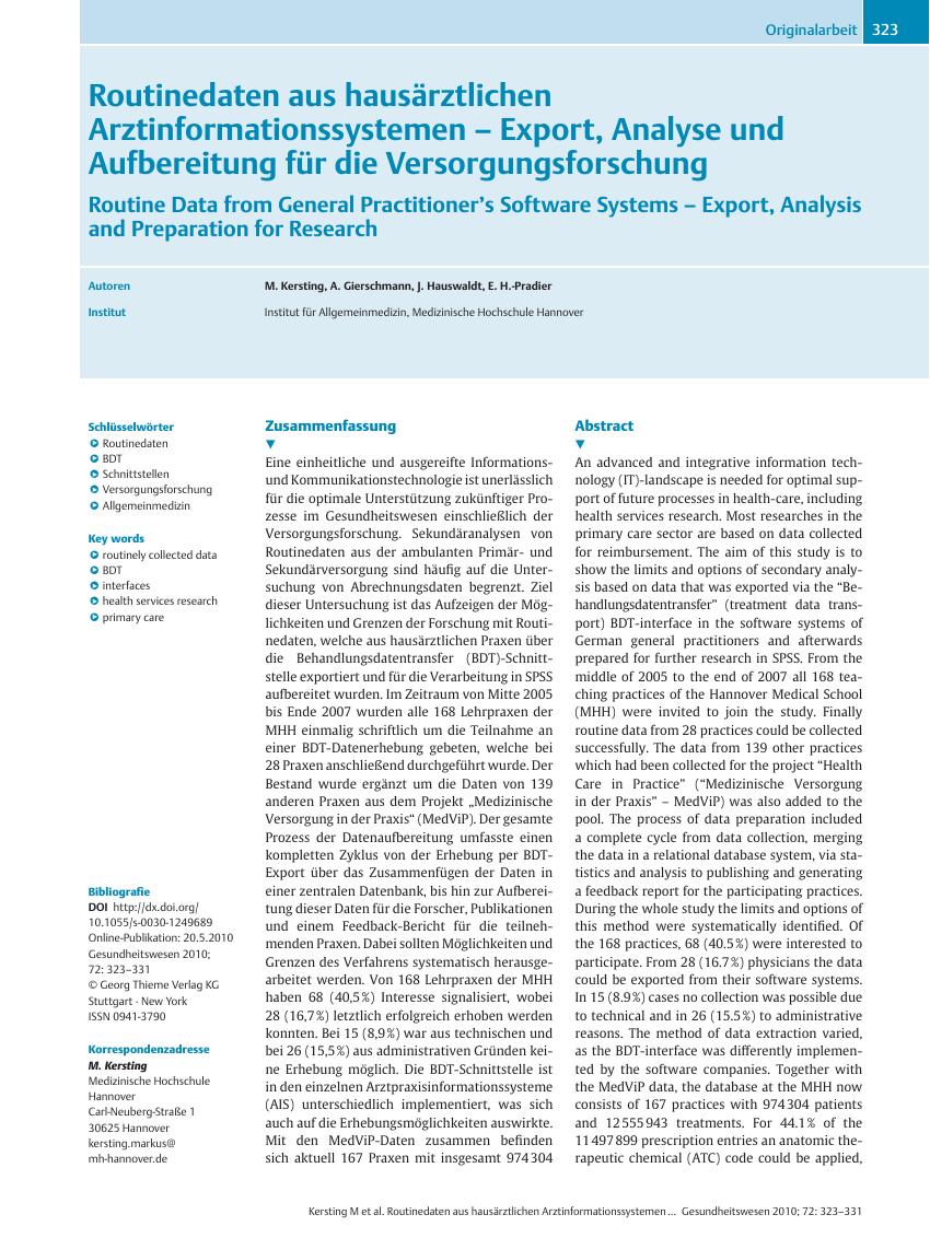 Vorschauseite 1: Routinedaten aus hausärztlichen Arztinformationssystemen – Export, Analyse und Aufbereitung für die Versorgungsforschung