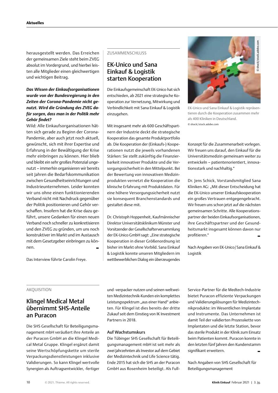 Vorschauseite 1: Akquisition: Klingel Medical Metal übernimmt SHS-Anteile an Puracon