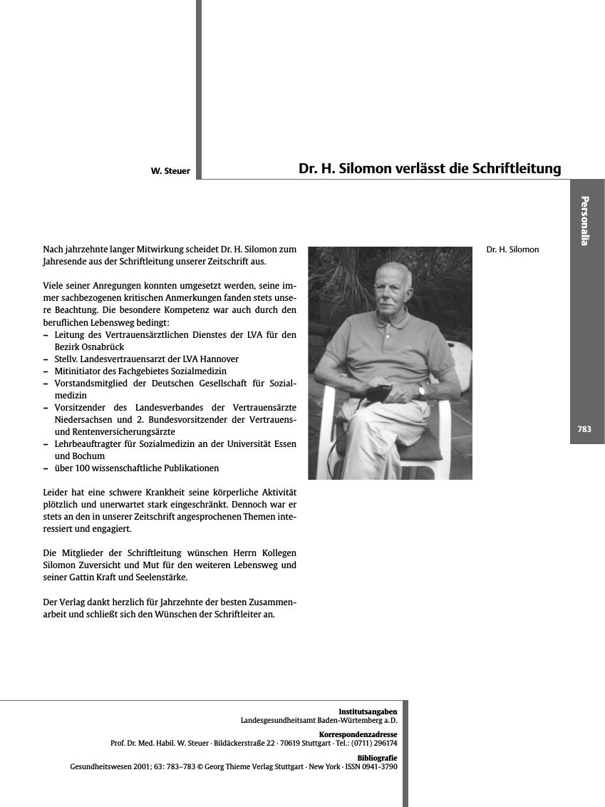Vorschauseite 1: Dr. H. Silomon verlässt die Schriftleitung