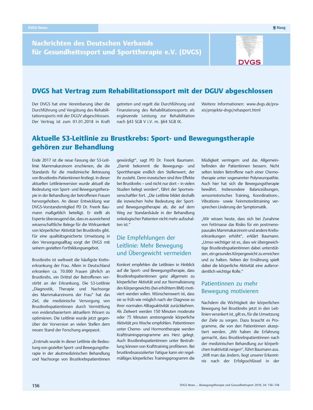 Vorschauseite 1: Nachrichten des Deutschen Verbands für Gesundheitssport und Sporttherapie e.V. (DVGS)