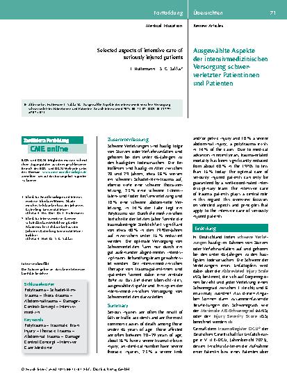 Vorschauseite 1: Ausgewählte Aspekte der intensivmedizinischen Versorgung schwerverletzter Patientinnen und Patienten