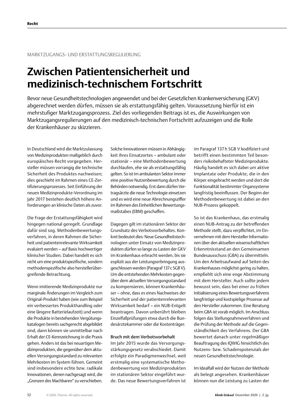 Vorschauseite 1: Marktzugangsund Erstattungsregulierung: Zwischen Patientensicherheit und medizinisch-technischem Fortschritt