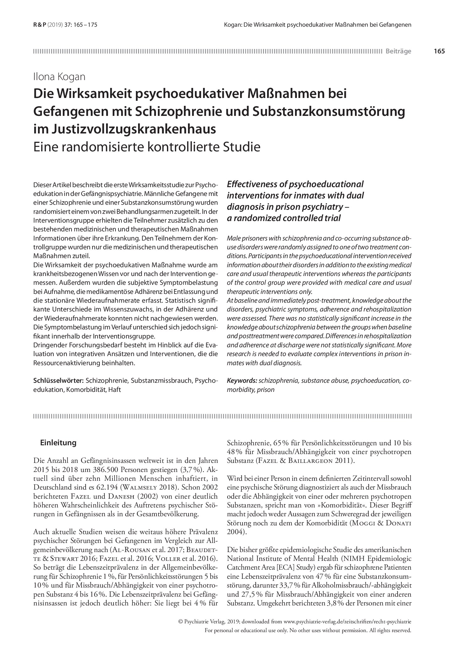 Vorschauseite 1: Die Wirksamkeit psychoedukativer Maßnahmen bei Gefangenen mit Schizophrenie und Substanzkonsumstörung im Justizvollzugskrankenhaus. Eine randomisierte kontrollierte Studie