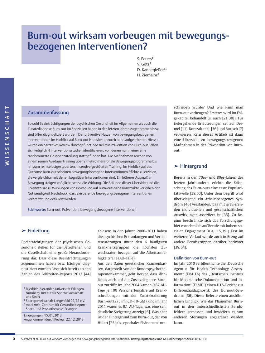 Vorschauseite 1: Burn-out wirksam vorbeugen mit bewegungsbezogenen Interventionen?