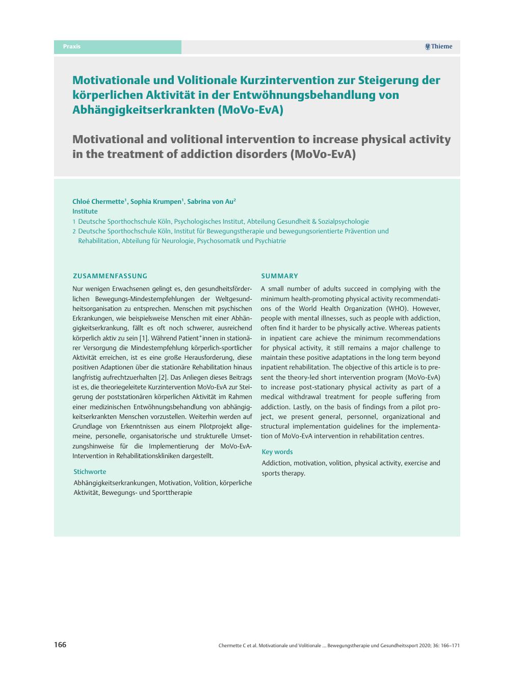 Vorschauseite 1: Motivationale und Volitionale Kurzintervention zur Steigerung der körperlichen Aktivität in der Entwöhnungsbehandlung von Abhängigkeitserkrankten (MoVo-EvA)