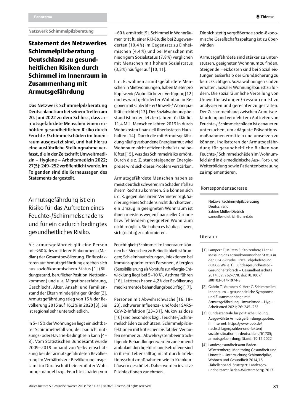 Vorschauseite 1: Statement des Netzwerkes Schimmelpilzberatung Deutschland zu gesundheitlichen Risiken durch Schimmel im Innenraum in Zusammenhang mit Armutsgefährdung