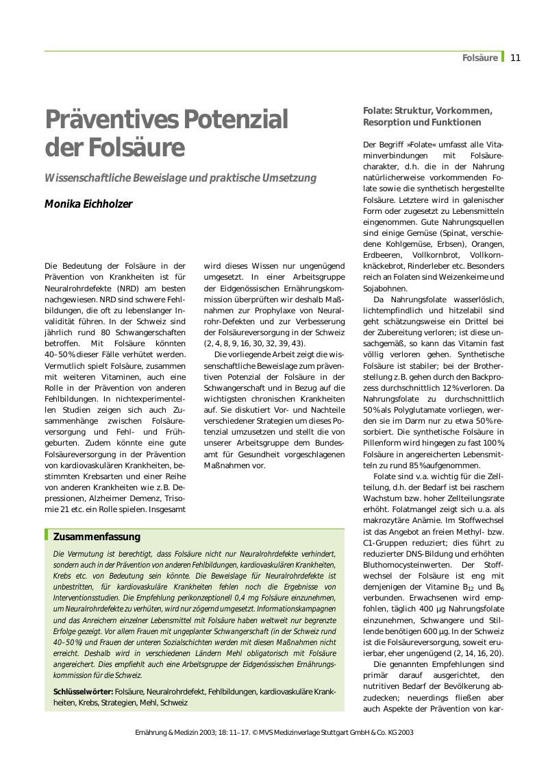 Vorschauseite 1: Präventives Potenzial der Folsäure - Wissenschaftliche Beweislage und praktische Umsetzung