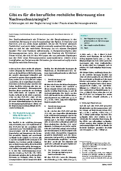 Vorschauseite 1: Gibt es für die berufliche rechtliche Betreuung eine Nachwuchsstrategie? Erfahrungen mit der Registrierung in der Praxis eines Betreuungsvereins.