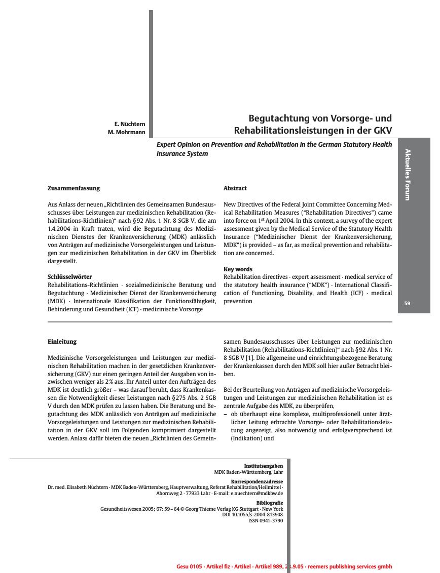 Vorschauseite 1: Begutachtung von Vorsorgeund Rehabilitationsleistungen in der GKV