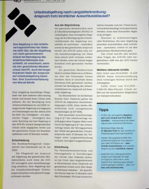 Vorschauseite 1: Urlaubsabgeltung nach Langzeiterkrankung: Anspruch trotz kirchlicher Ausschiussklausel?