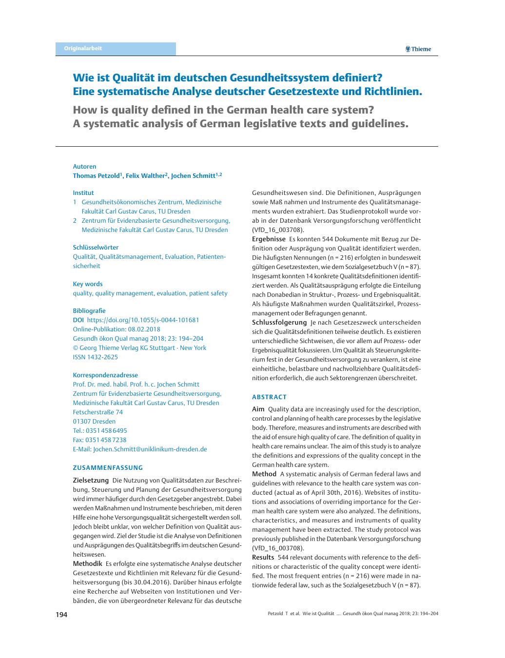 Vorschauseite 1: Wie ist Qualität im deutschen Gesundheitssystem definiert? Eine systematische Analyse deutscher Gesetzestexte und Richtlinien.