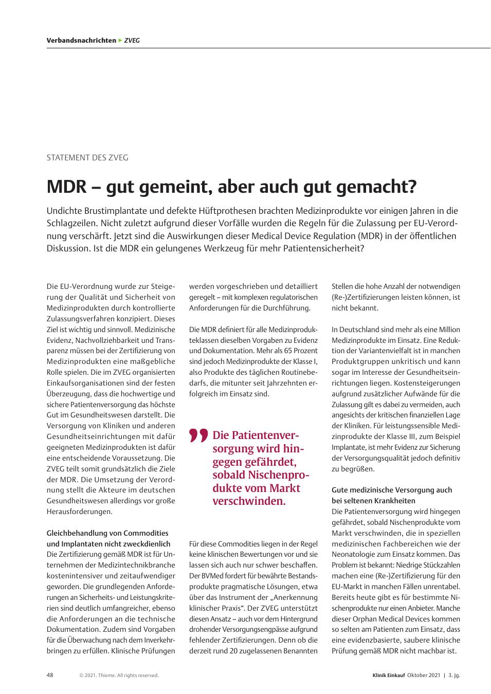 Vorschauseite 1: Statement des ZVEG: MDR – gut gemeint, aber auch gut gemacht?