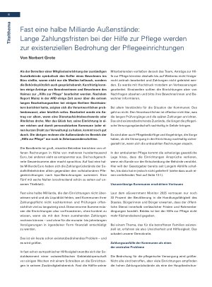 Vorschauseite 1: Fast eine halbe Milliarde Außenstände: Lange Zahlungsfristen bei der Hilfe zur Pflege werden zur existenziellen Bedrohung der Pflegeeinrichtungen
