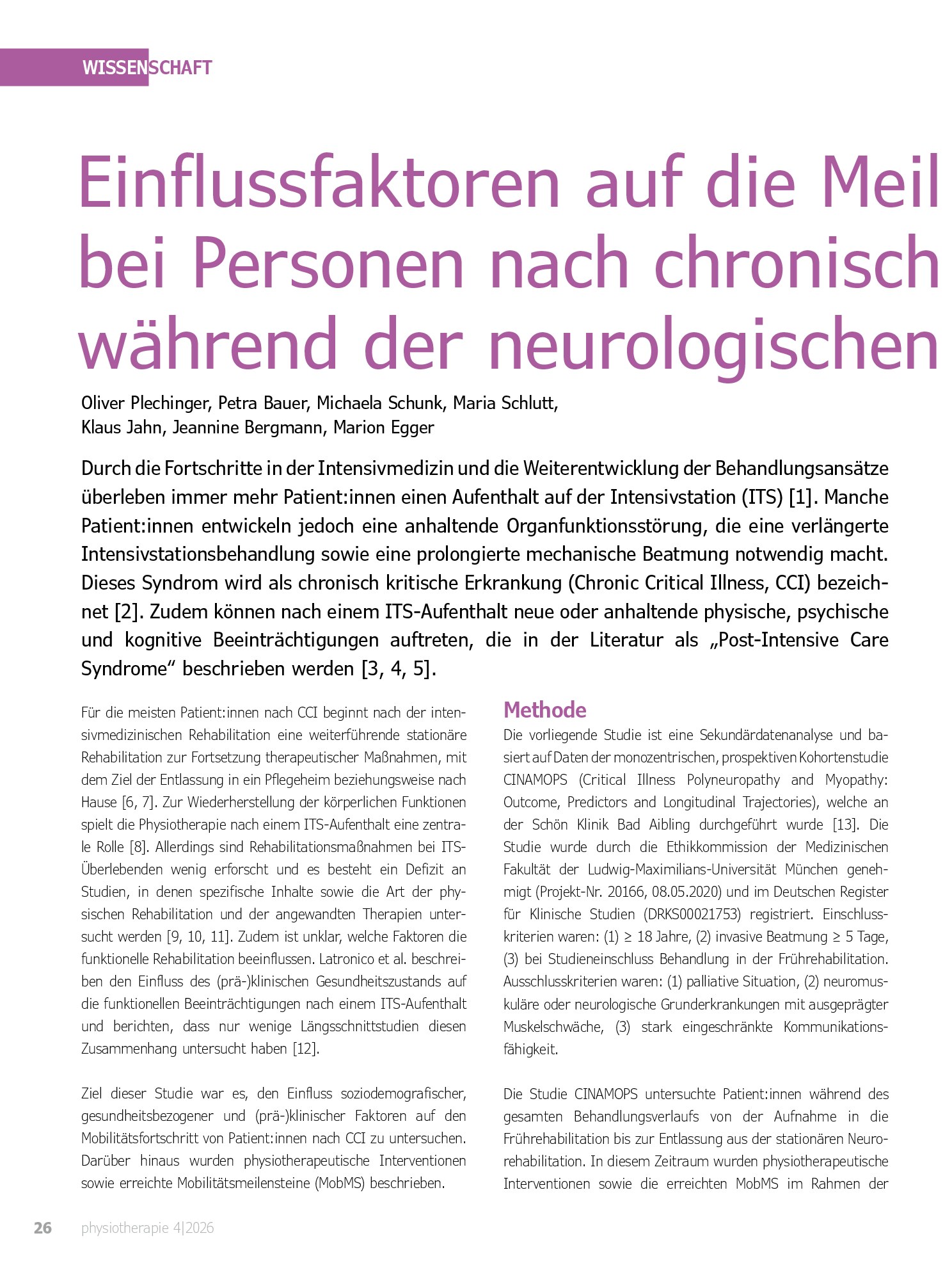 Vorschauseite 1: Einflussfaktoren auf die Meilensteinerreichung bei Personen nach chronisch kritischer Erkrankung während der neurologischen Frührehabilitation