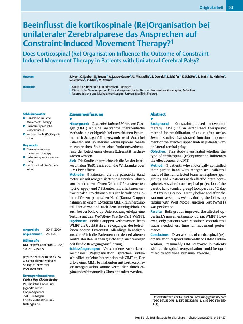 Vorschauseite 1: Beeinflusst die kortikospinale (Re)Organisation bei unilateraler Zerebralparese das Ansprechen auf Constraint-Induced Movement Therapy?