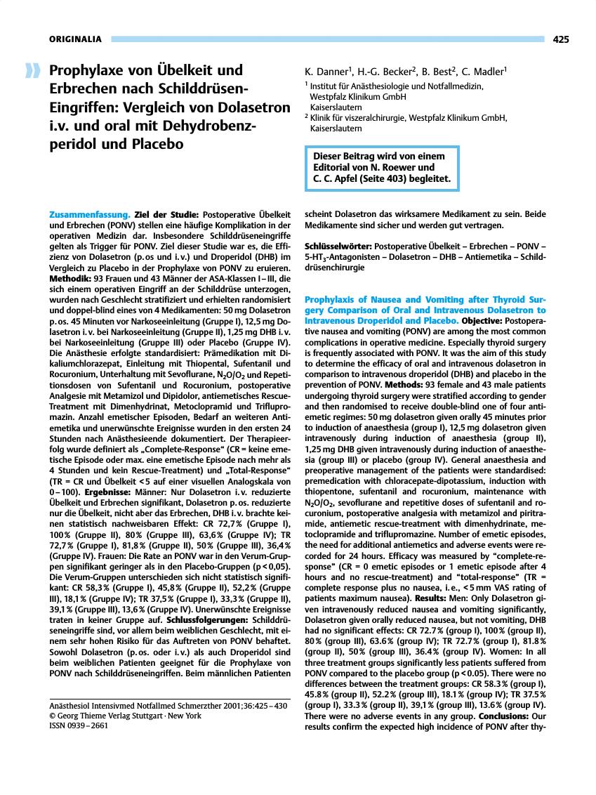Vorschauseite 1: Prophylaxe von Übelkeit und Erbrechen nach Schilddrüsen- Eingriffen: Vergleich von Dolasetron i.v. und oral mit Dehydrobenzperidol und Placebo
