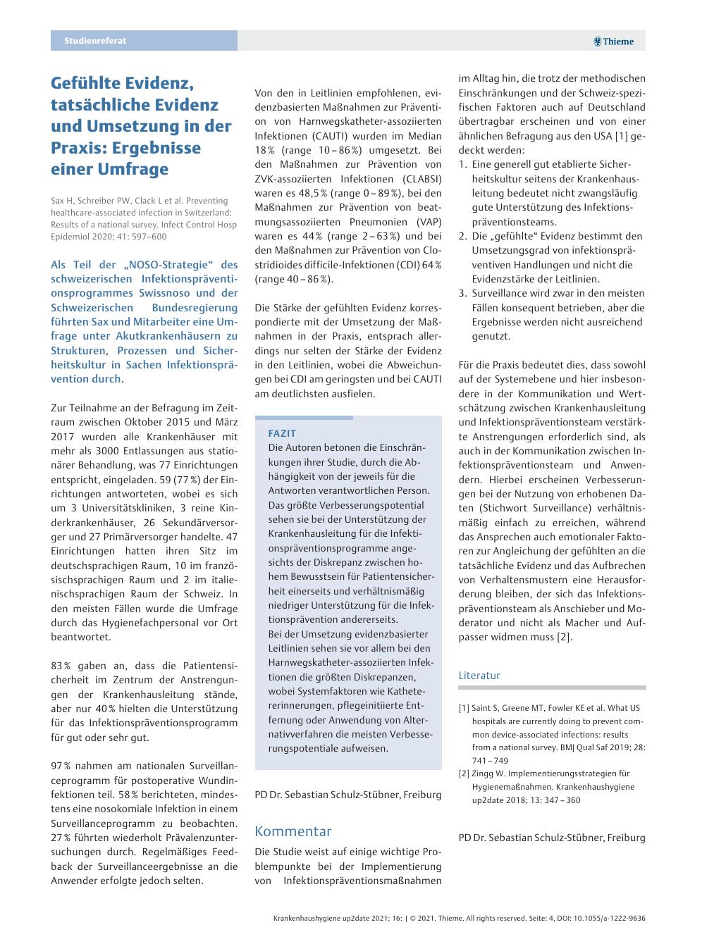 Vorschauseite 1: Gefühlte Evidenz, tatsächliche Evidenz und Umsetzung in der Praxis: Ergebnisse einer Umfrage