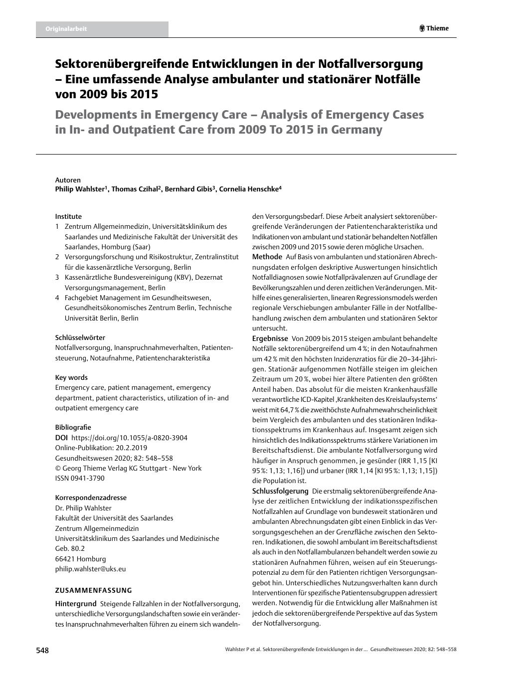 Vorschauseite 1: Sektorenübergreifende Entwicklungen in der Notfallversorgung – Eine umfassende Analyse ambulanter und stationärer Notfälle von 2009 bis 2015
