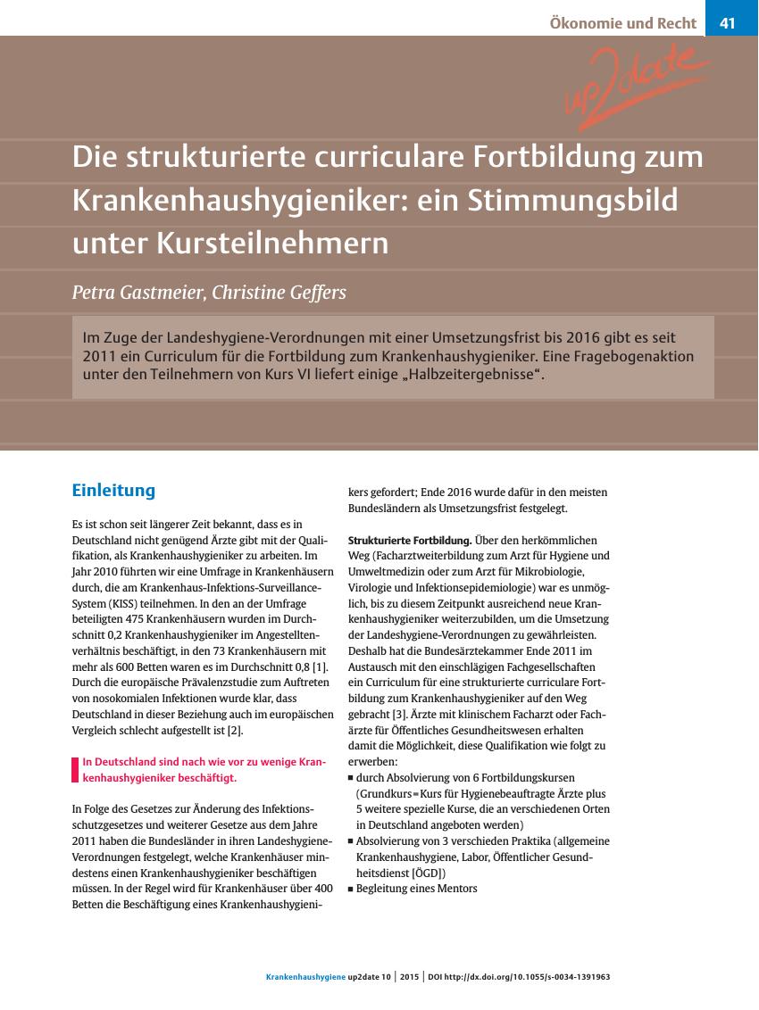 Vorschauseite 1: Die strukturierte curriculare Fortbildung zum Krankenhaushygieniker: ein Stimmungsbild unter Kursteilnehmern