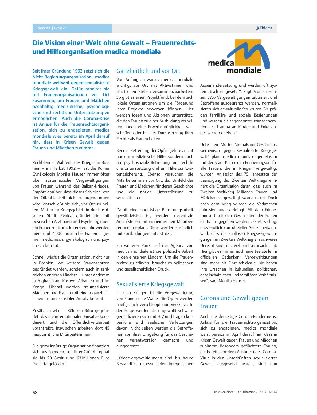 Vorschauseite 1: Die Vision einer Welt ohne Gewalt – Frauenrechtsund Hilfsorganisation medica mondiale