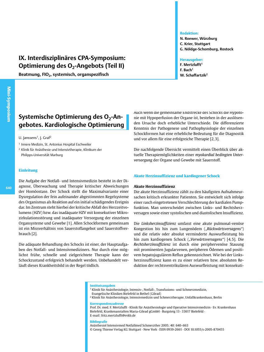 Vorschauseite 1: Systemische Optimierung des O2-Angebotes. Kardiologische Optimierung