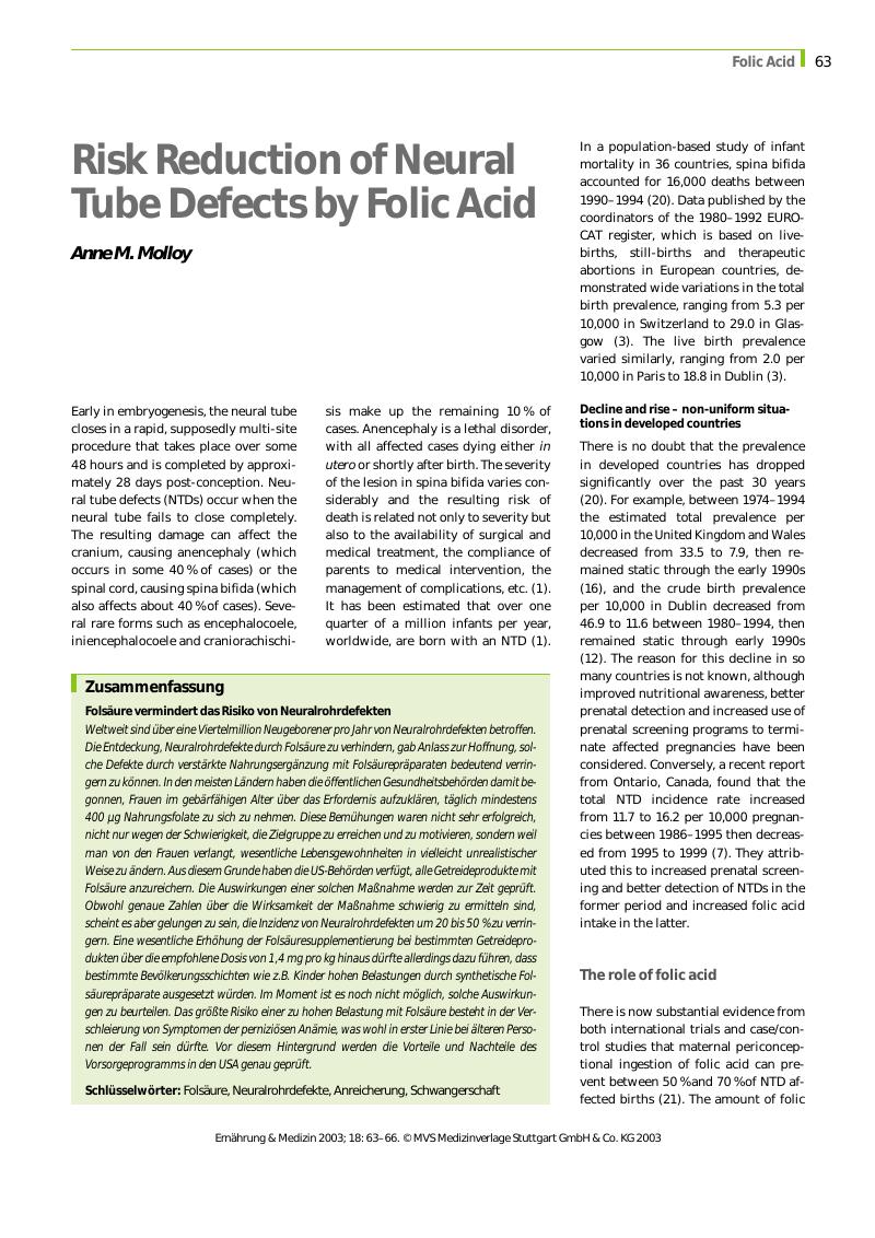 Vorschauseite 1: Risk Reduction of Neural Tube Defects by Folic Acid