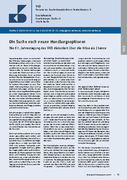 Vorschauseite 1: Die Suche nach neuen Handlungsoptionen Die 67. Jahrestagung des VKD diskutiert über die Krise als Chance