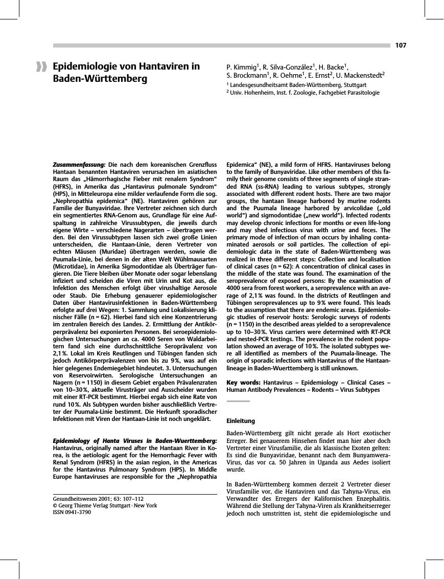 Vorschauseite 1: Epidemiologie von Hantaviren in Baden-Württemberg
