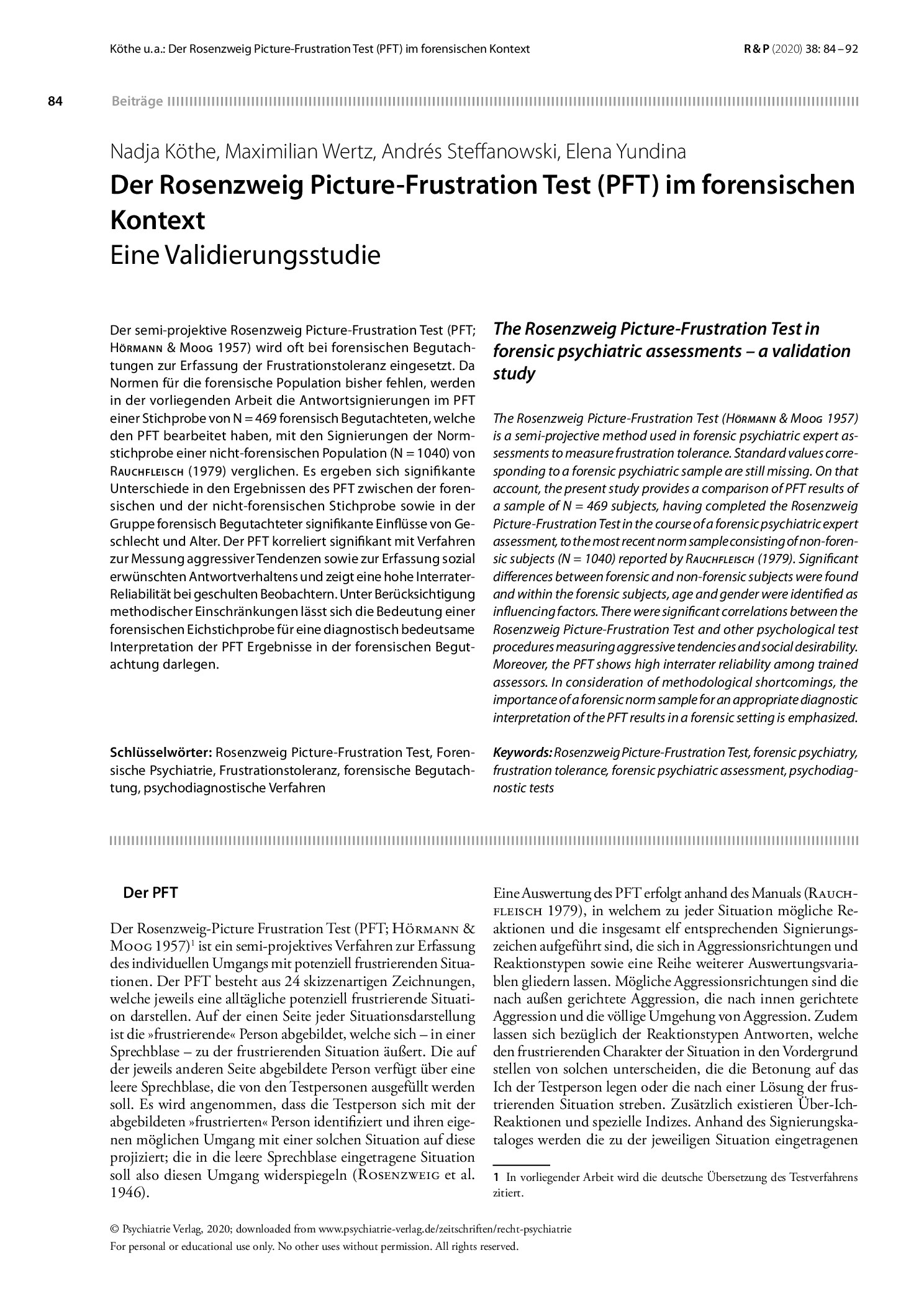 Vorschauseite 1: Der Rosenzweig Picture-Frustration Test (PFT) im forensischen Kontext
