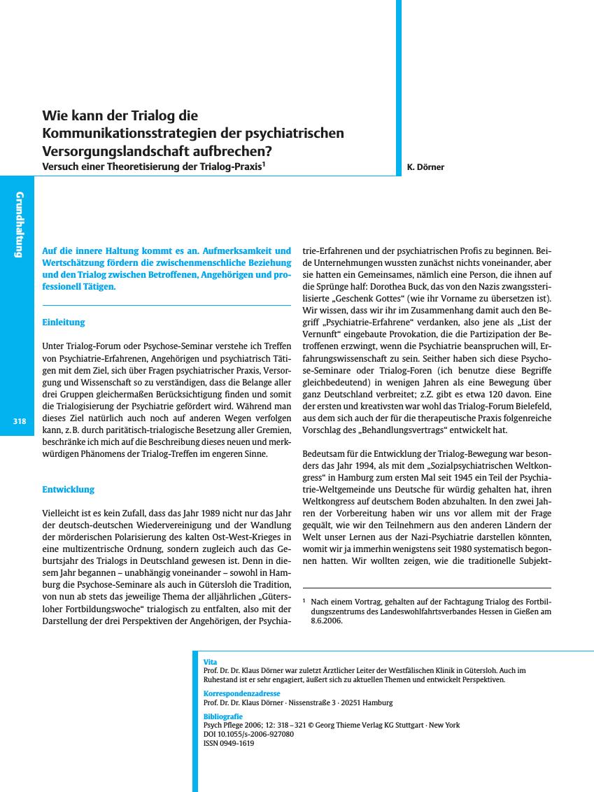 Vorschauseite 1: Wie kann der Trialog die Kommunikationsstrategien der psychiatrischen Versorgungslandschaft aufbrechen?