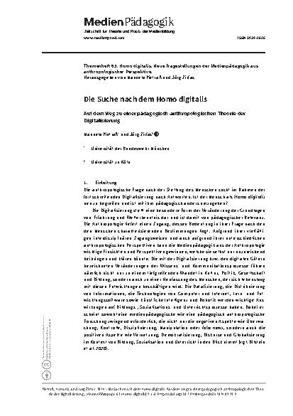 Vorschauseite 1: Die Suche nach dem Homo digitalis: Auf dem Weg zu einer pädagogisch-anthropologischen Theorie der Digitalisierung