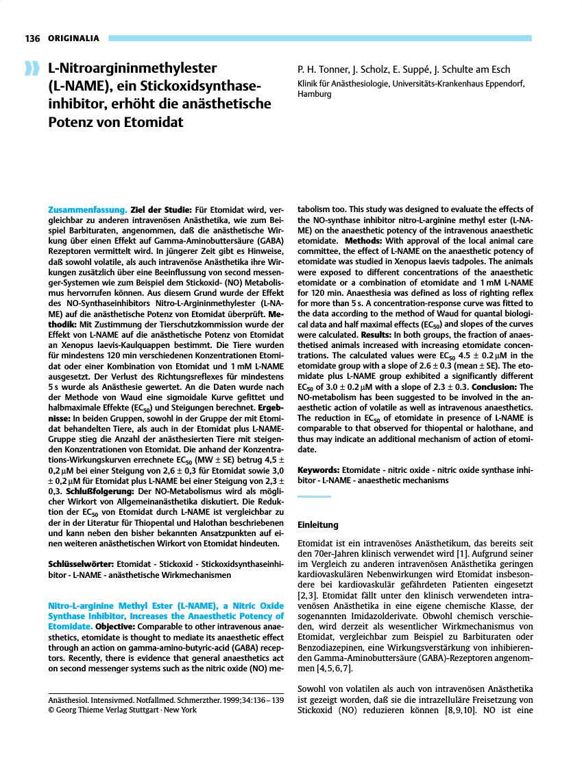 Vorschauseite 1: L-Nitroargininmethylester (L-NAME), ein Stickoxidsynthaseinhibitor, erhöht die anästhetische Potenz von Etomidat