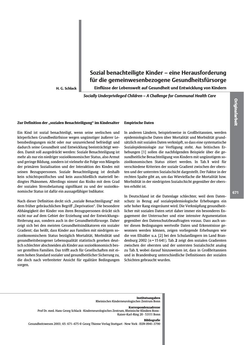 Vorschauseite 1: Sozial benachteiligte Kinder - eine Herausforderung für die gemeinwesenbezogene Gesundheitsfürsorge