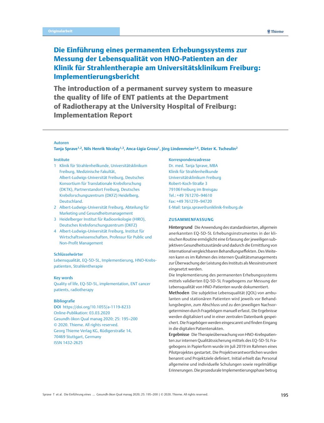 Vorschauseite 1: Die Einführung eines permanenten Erhebungssystems zur Messung der Lebensqualität von HNO-Patienten an der Klinik für Strahlentherapie am Universitätsklinikum Freiburg: Implementie…