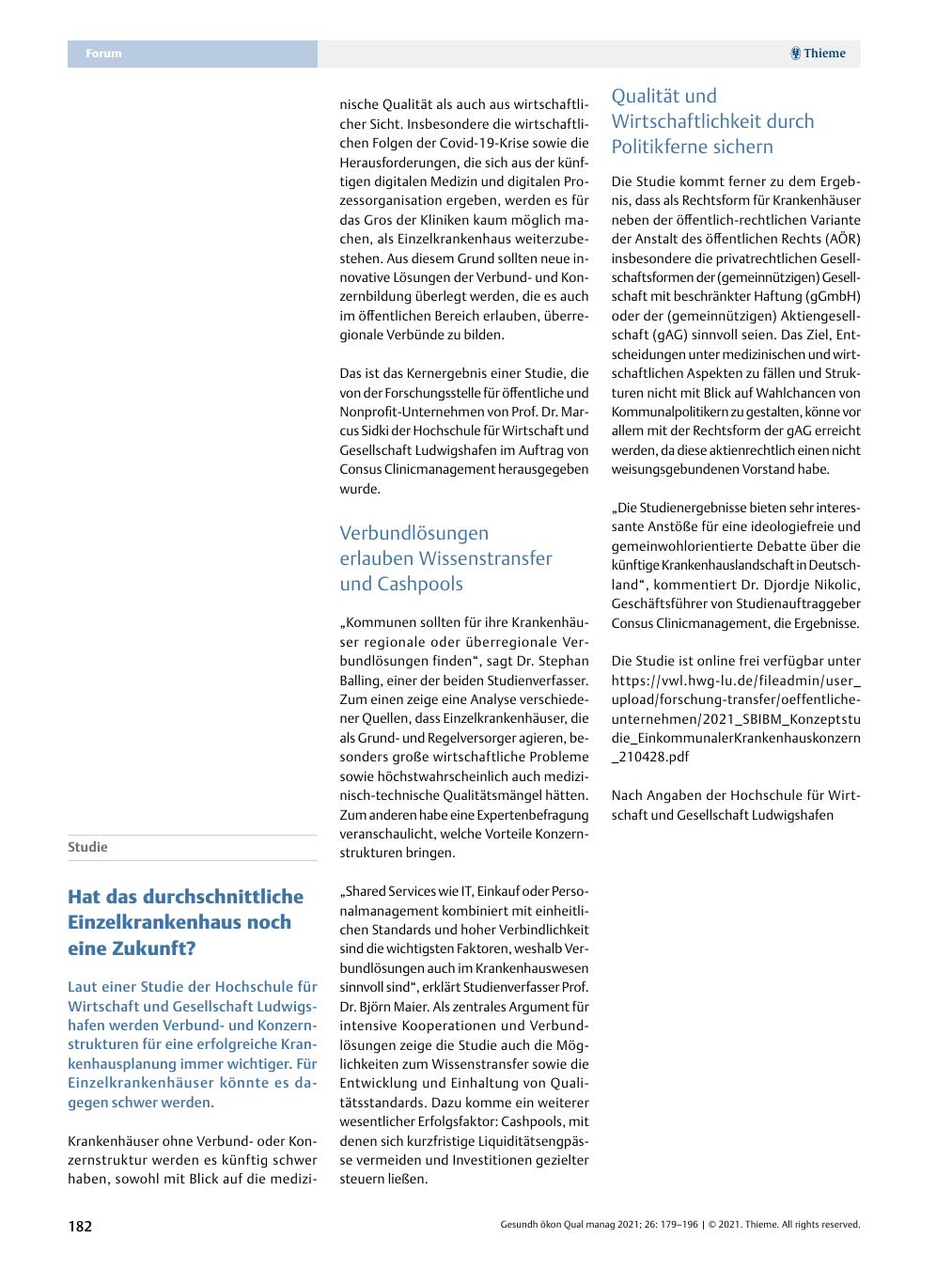 Vorschauseite 1: Studie - Hat das durchschnittliche Einzelkrankenhaus noch eine Zukunft?