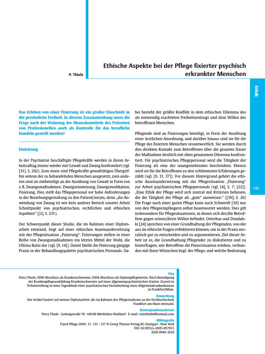 Vorschauseite 1: Ethische Aspekte bei der Pflege fixierter psychisch erkrankter Menschen