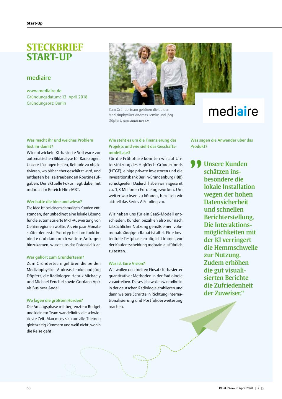 Vorschauseite 1: Steckbrief Start-Up: Mediaire