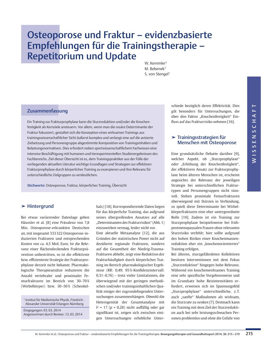 Vorschauseite 1: Osteoporose und Fraktur – evidenzbasierte Empfehlungen für die Trainingstherapie – Repetitorium und Update