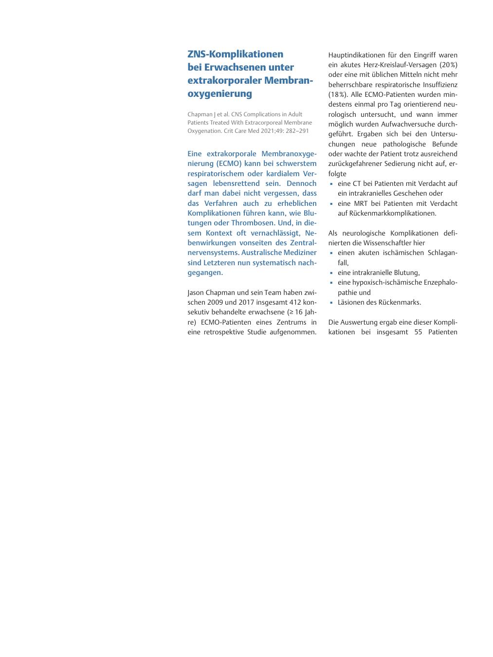 Vorschauseite 1: ZNS-Komplikationen bei Erwachsenen unter extrakorporaler Membranoxygenierung