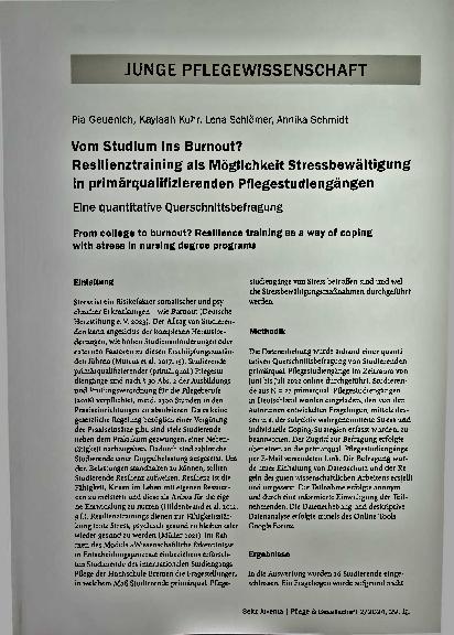 Vorschauseite 1: Vom Studium ins Burnout? Resilienztraining als Möglichkeit Stressbewältigung in primärqualifizierenden Pflegestudiengängen. Eine quantitative Querschnittsbefragung.
