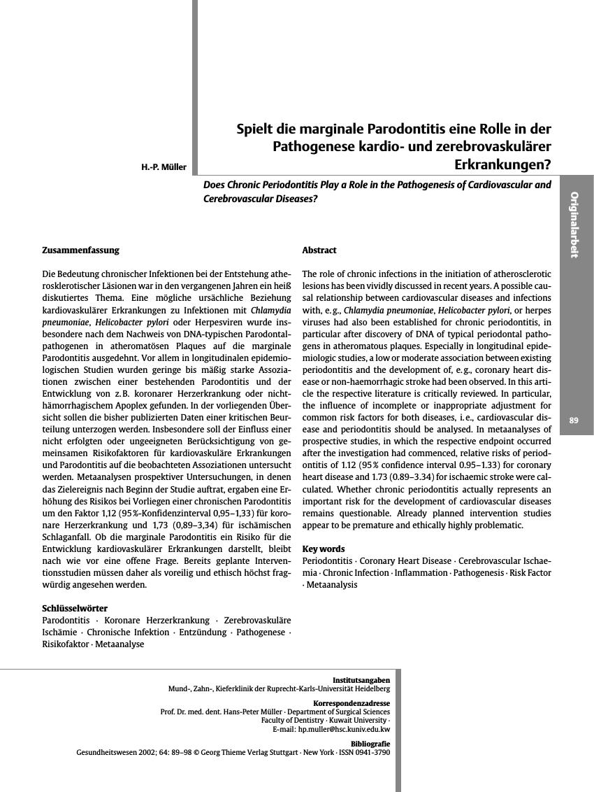 Vorschauseite 1: Spielt die marginale Parodontitis eine Rolle in der Pathogenese kardiound zerebrovaskulärer Erkrankungen?
