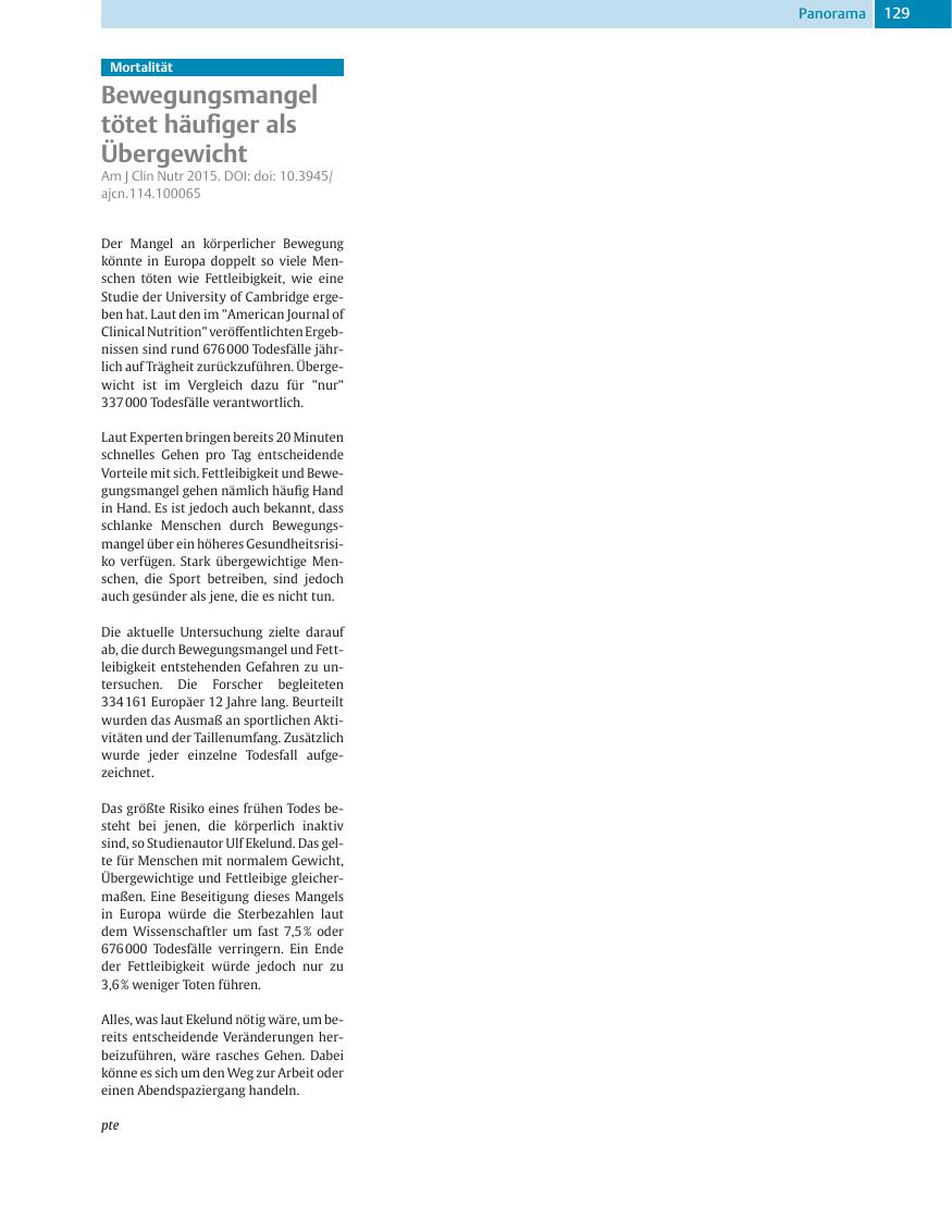 Vorschauseite 1: Bewegungsmangel tötet häufiger als Übergewicht