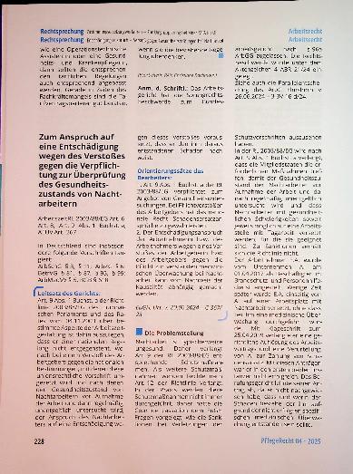 Vorschauseite 1: Zum Anspruch auf eine Entschädigung wegen des Verstoßes gegen die Verpflichtungzur Überprüfung des Gesundheits zustands von Nacht arbeitern