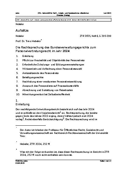 Vorschauseite 1: Die Rechtsprechung des Bundesverwaltungsgerichts zum Personalvertretungsrecht im Jahr 2024