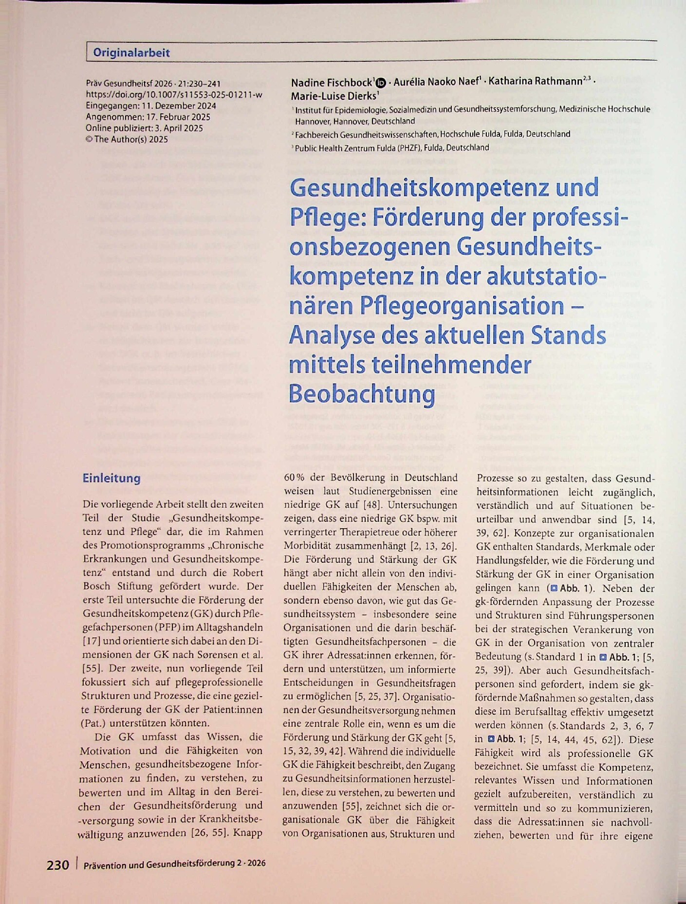 Vorschauseite 1: Gesundheitskompetenz und Pflege: Förderung der professionsbezogenen Gesundheitskompetenz in der akutstationären Pflegeorganisation – Analyse des aktuellen Stands mittels teilnehme…