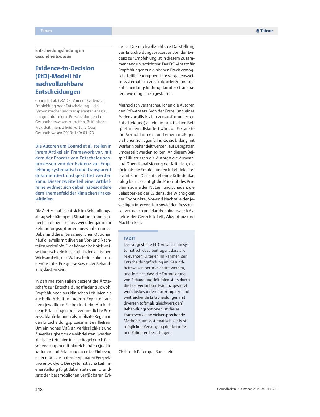 Vorschauseite 1: Entscheidungsfindung im Gesundheitswesen ? Evidence-to-Decision (EtD)-Modell für nachvollziehbare Entscheidungen