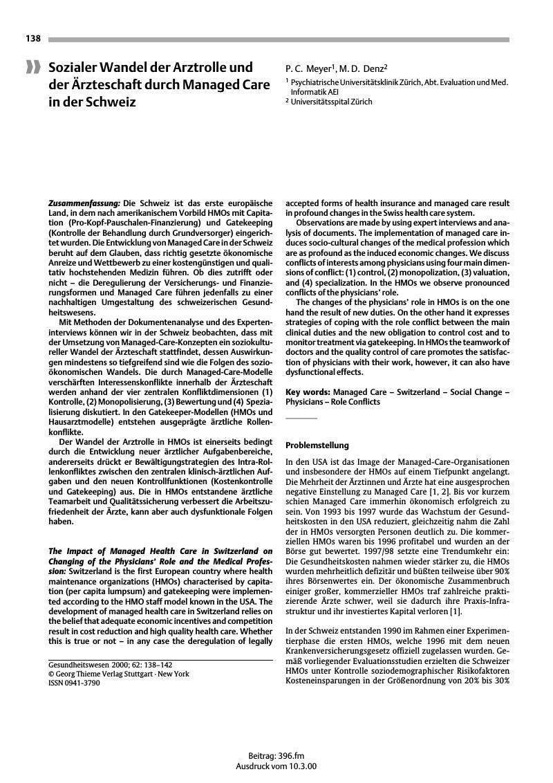 Vorschauseite 1: Sozialer Wandel der Arztrolle und der Ärzteschaft durch Managed Care in der Schweiz